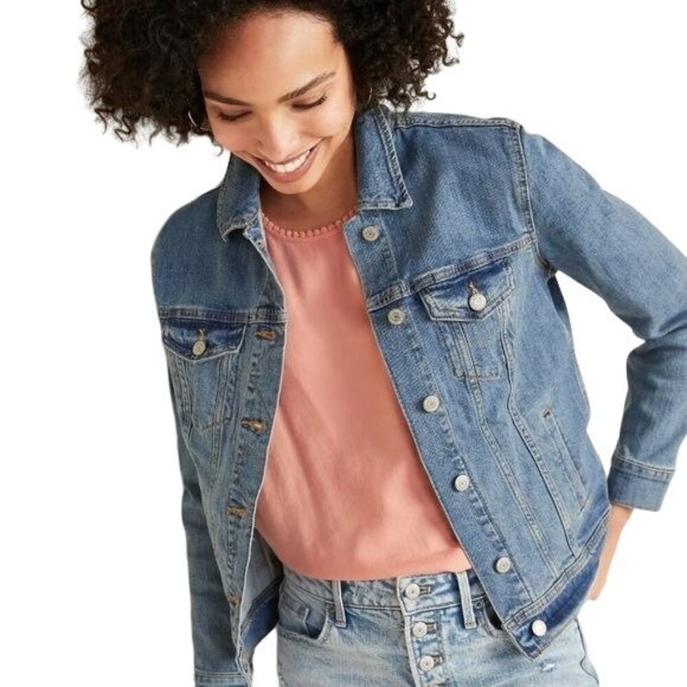 Old Navy Women's Size XS Rock Star Denim Jacket Medium Wash Blue Jean Button Up - Picture 1 of 8
